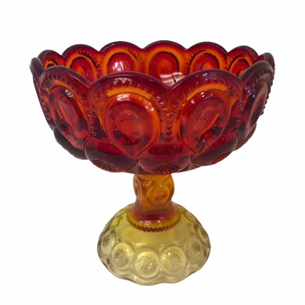 Vintage Amberina Glass Pedestal Bowl With Moon & Stars Pattern 6.50" x‎ 6 1/4"